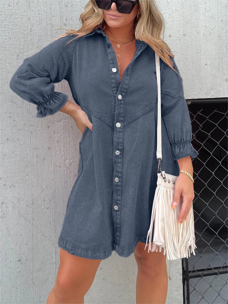 ROBE À MANCHES BOUFFANTES IN DENIM LAVÉ