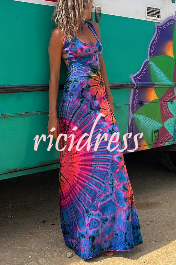 La Bamba Tie-dye Print Back Lace-up Stretch Maxi Dress