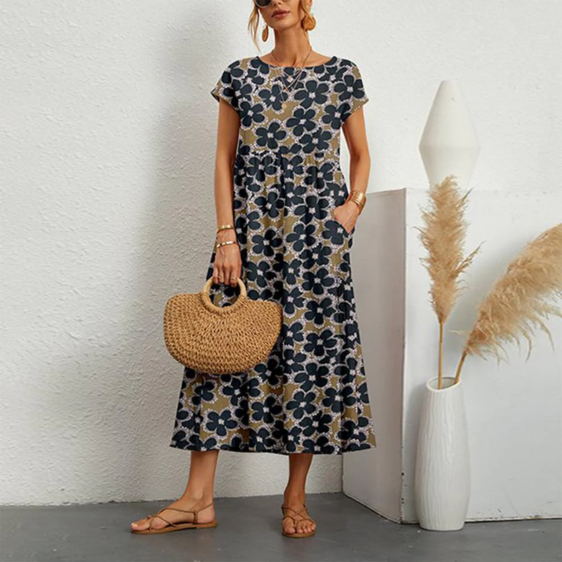 Robe mi-longue moderne à manches courtes et imprimé floral