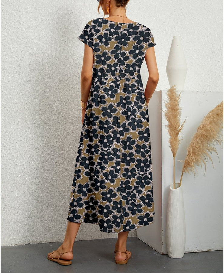 Robe mi-longue moderne à manches courtes et imprimé floral