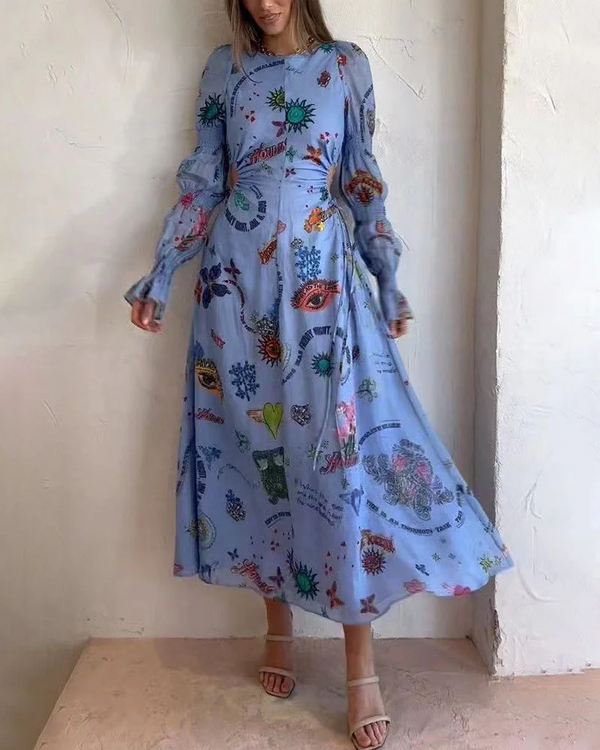 Robe longue à taille creuse avec manches lanternes peintes sur mesure