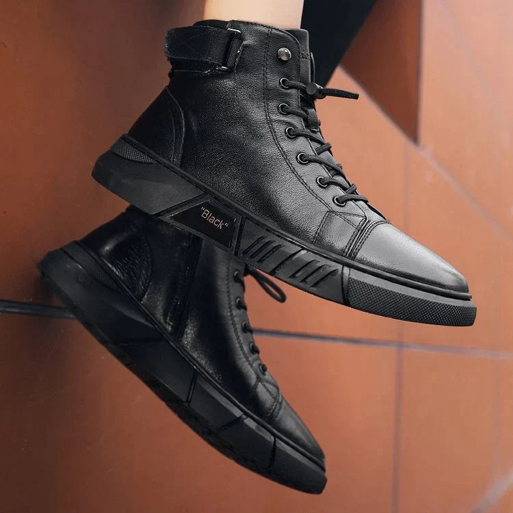 David - Bottines en cir véritable pour hommes, noires et décontractées