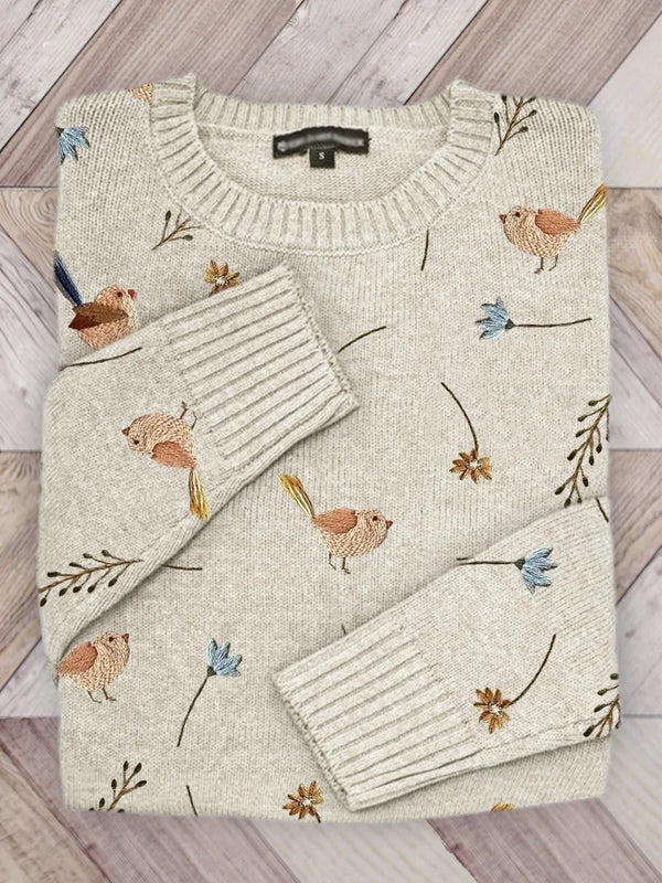 Pull in tricot douillet con motivo in pizzo floreale d'oiseaux