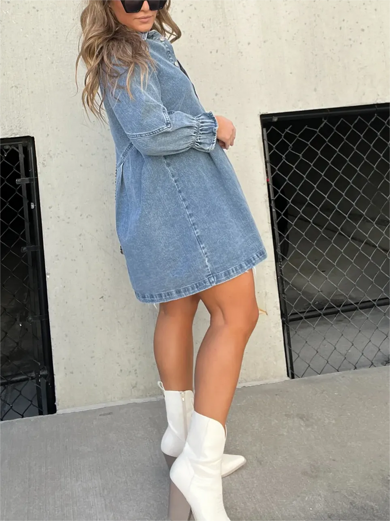 ROBE À MANCHES BOUFFANTES IN DENIM LAVÉ