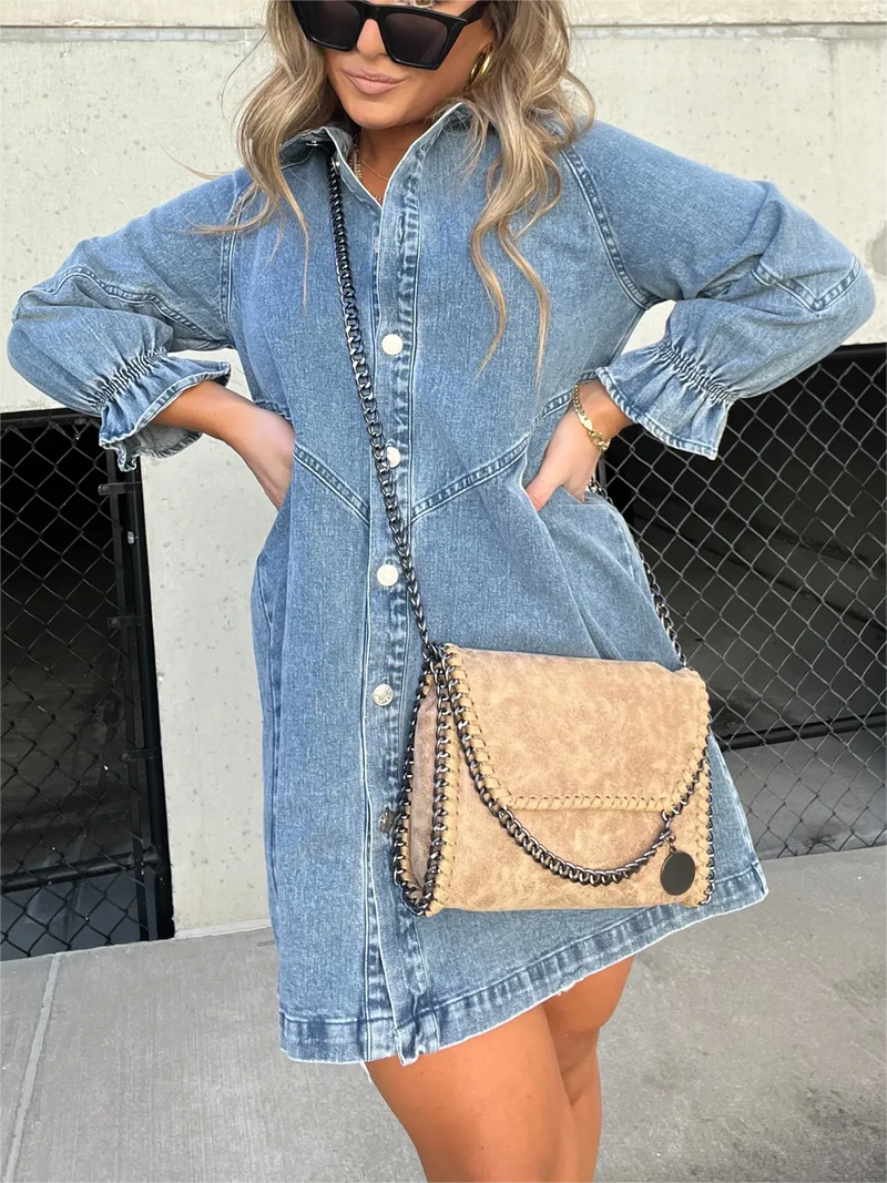 ROBE À MANCHES BOUFFANTES IN DENIM LAVÉ